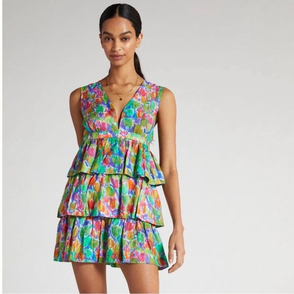 Hope for Flowers by Tracy Reese Organic Linen Watercolor Tiered Mini Dress Sz S - Picture 3 of 10